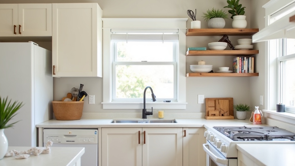 A clean, organized kitchen with modular cabinets in a bright and spacious setting