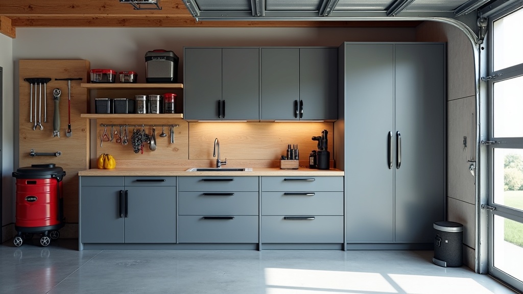 A modern garage interior featuring a modular cabinet set, organized tools, and storage bins.