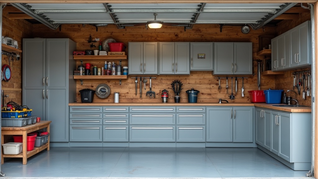 A neat, organized garage with modular storage cabinets in different sizes, drawers, and shelving, holding tools, bins, and supplies.