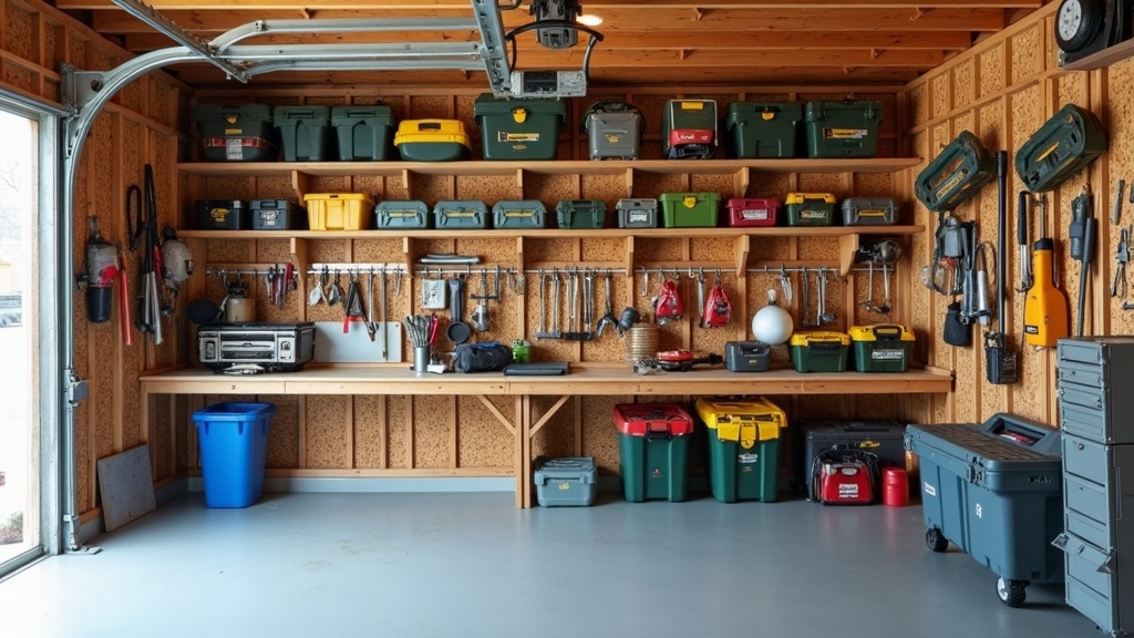 A neatly organized home garage with shelves, wall hooks, labeled bins, and a workbench. Garden tools, sports gear, and toolboxes are all in their places.
