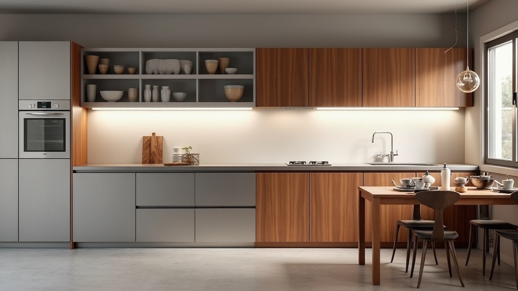 Close-up of sleek steel cabinets and classic wood cabinets in a modern kitchen setting.