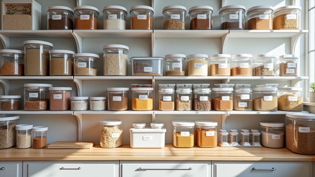 Organized shelves with labeled boxes and supplies