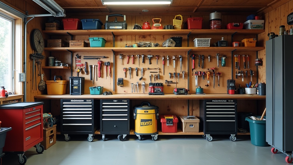 Organized tool wall in a garage, showing neatly arranged tools and labeled bins