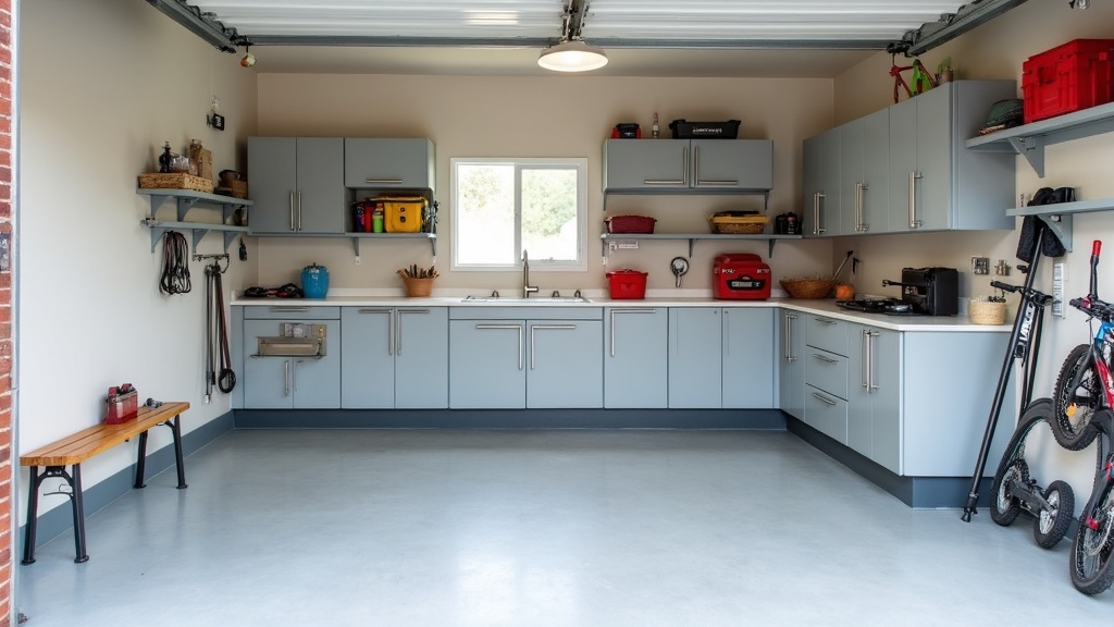 Sturdy and moisture-resistant cabinets in a clean, well-organized garage with concrete floor and visible tools neatly stored.