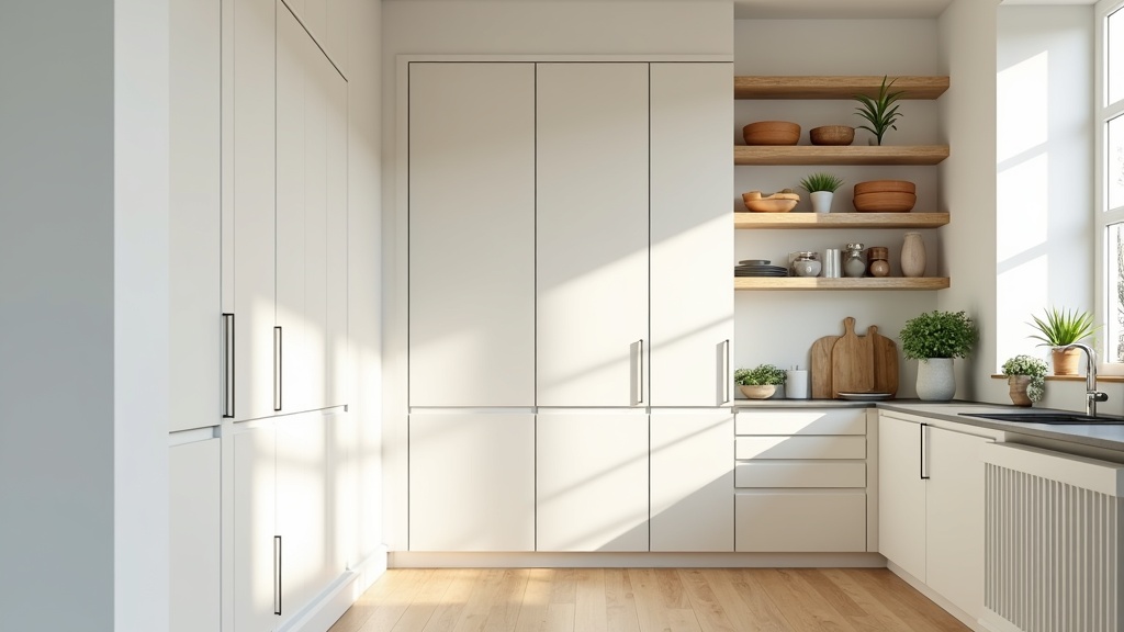 Tall cabinets in a small modern kitchen use vertical space efficiently